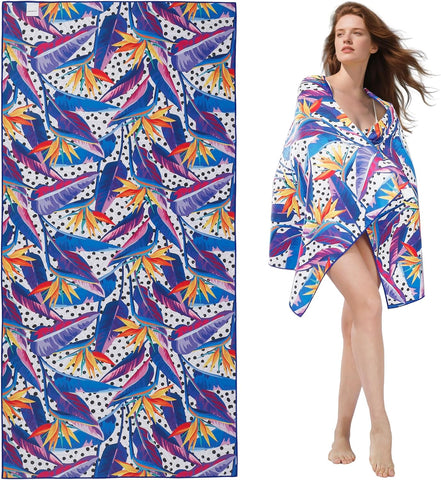 LINENOVA Microfiber Beach Towel 160x80cm, Dual-Sided Quick Dry Pool Towel with Pouch, Absorbent, Sand Free & Lightweight Compact Beach Blanket for Swimming, Yoga, Camping - Bird of Paradise