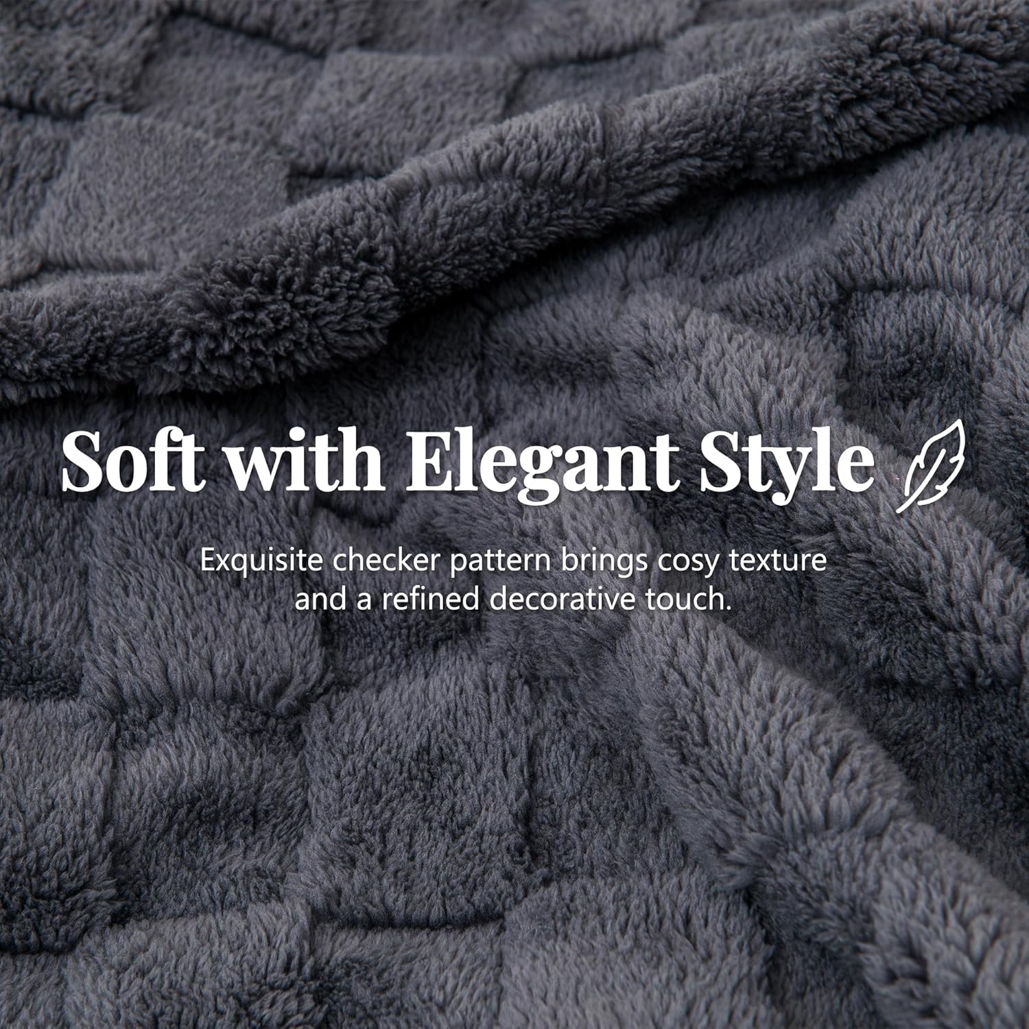 LINENOVA Fleece Throw Blanket Queen Size, 300GSM Checkered Coral Fleece Blanket for Couch or Bed, Soft Lightweight Warm Blankets for All Seasons, Charcoal, 220 x 240 cm