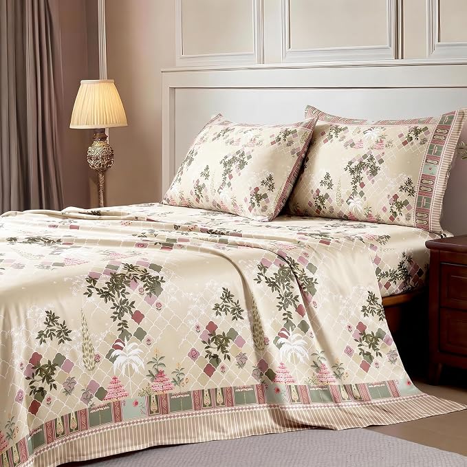 Ishro Home Premium Bedsheet for Double Bed with 2 Pillow Covers – Cloud Cotton Bedsheet, Soft, Silky Smooth & Wrinkle Resistant, Luxury Printed Design (Flat Double Bed Size, Lisbon Garden)
