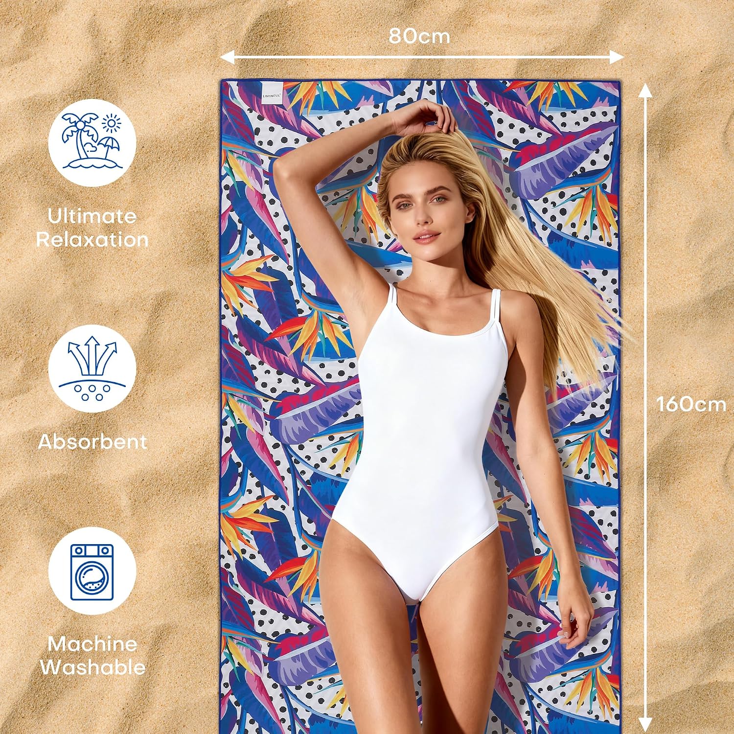 LINENOVA Microfiber Beach Towel 160x80cm, Dual-Sided Quick Dry Pool Towel with Pouch, Absorbent, Sand Free & Lightweight Compact Beach Blanket for Swimming, Yoga, Camping - Bird of Paradise