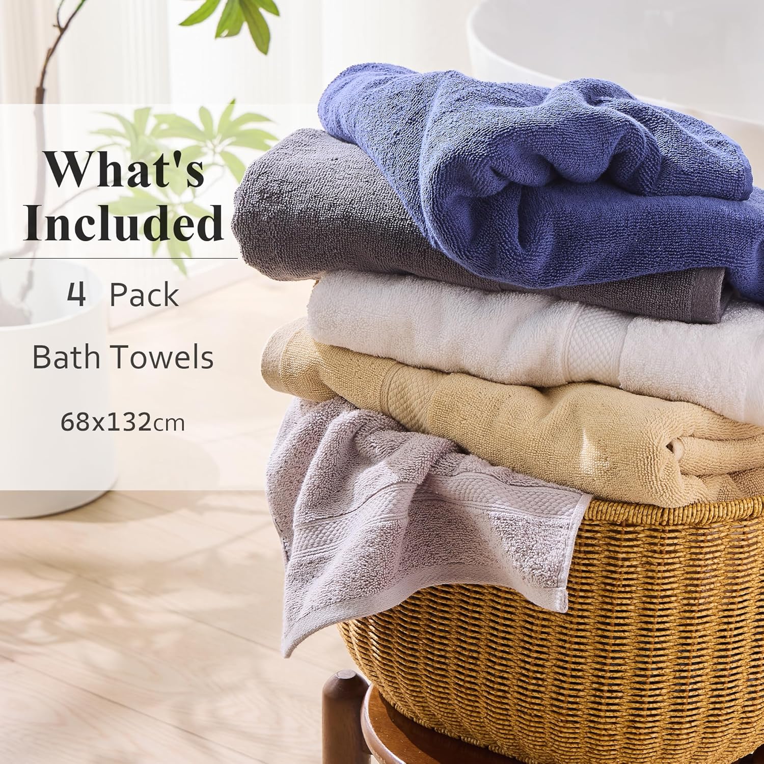 LINENOVA 4 Pack Bath Towel Set 68x137cm, 100% Combed Cotton Towels for Bathroom, 650GSM Ultra Soft & Highly Absorbent Bathroom Shower Towels for Gym, Hotel & Spa - White