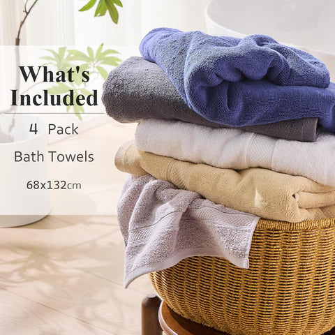 LINENOVA 4 Pack Bath Towel Set 68x137cm, 100% Combed Cotton Towels for Bathroom, 650GSM Ultra Soft & Highly Absorbent Bathroom Shower Towels for Gym, Hotel & Spa - White
