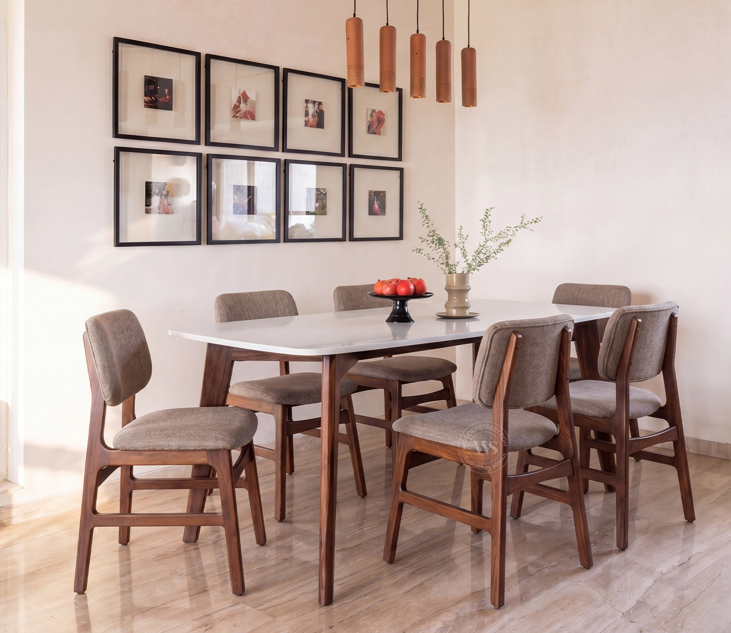 Vivara 6 Seater Dinining Set with Valence Quartz-Top Table and Vinara Upholstered Chair (Sand Brown)