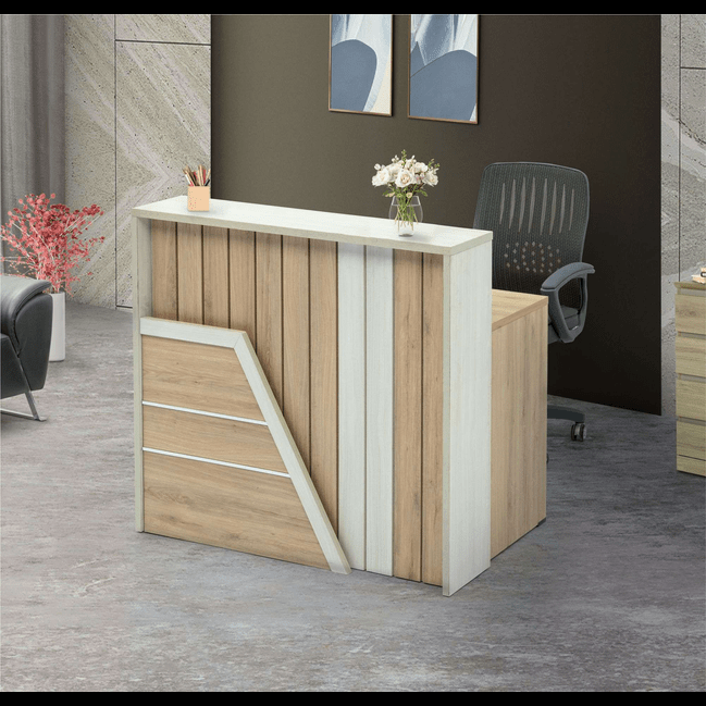 Trueliving ‎White + Light Wood Reception Table 30D x 100W x 155H Centimeters