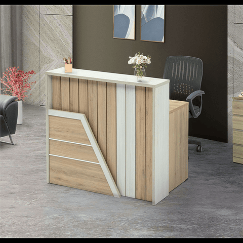Trueliving ‎White + Light Wood Reception Table 30D x 100W x 155H Centimeters