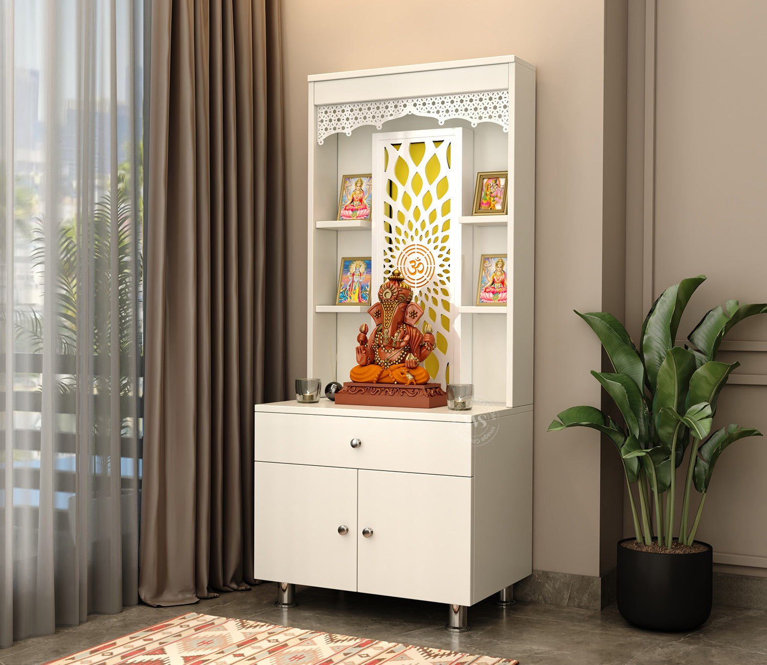 Vidyut Engineered Wood Home Temple With Inbuilt LED Light System (White Finish)
