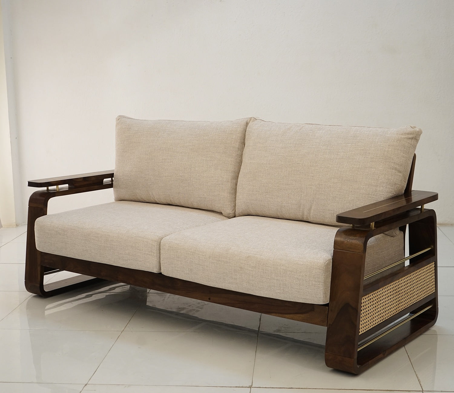 Vedic 3+1+1 Sheesham Wood Sofa Set With Cane and Brass Detailing (Walnut Finish, Jade Ivory)