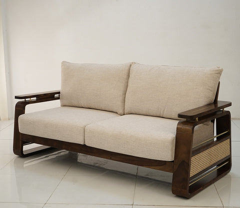 Vedic 3+1+1 Sheesham Wood Sofa Set With Cane and Brass Detailing (Walnut Finish, Jade Ivory)