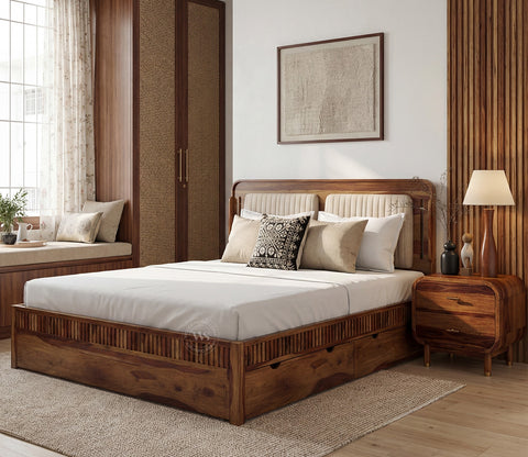 Lotus Premium Sheesham Wood Bed with Drawer Storage (King Size, Teak Finish)