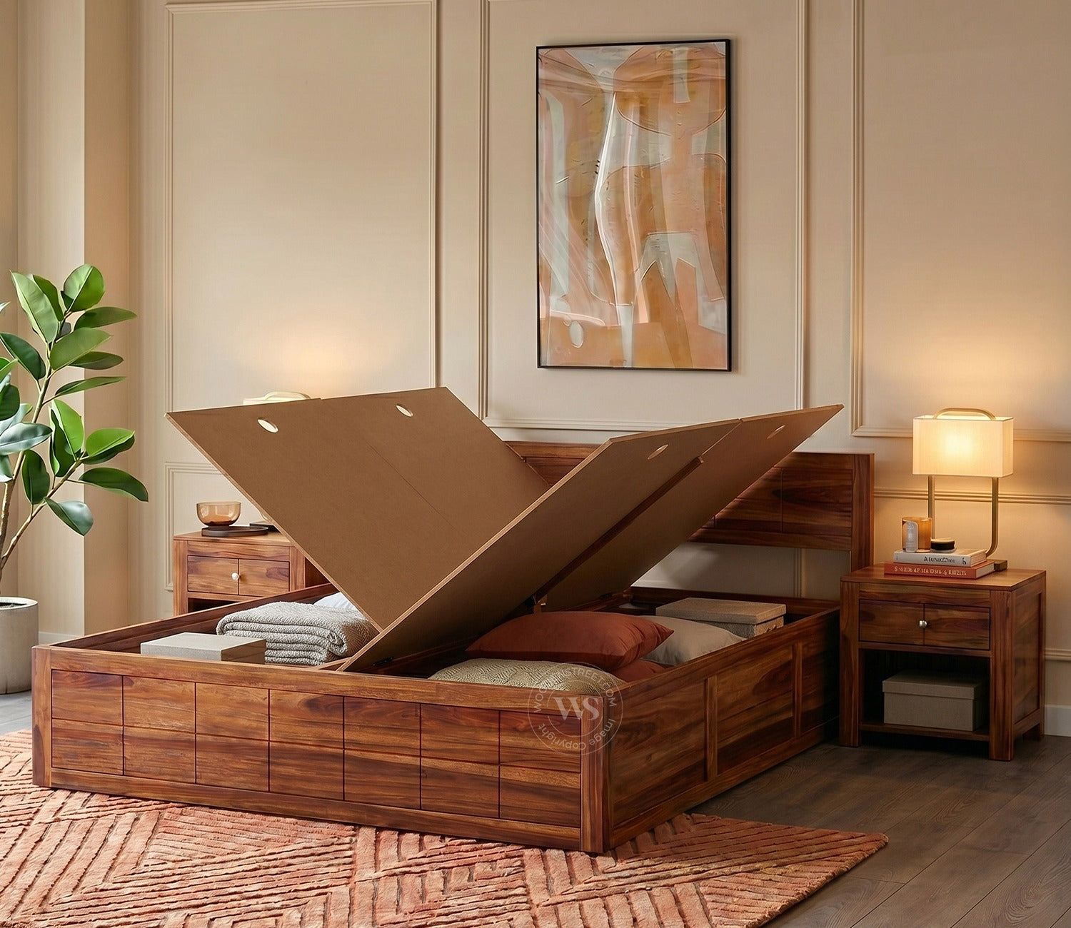 Brixton Sheesham Wood Bed With Box Storage (King Size, Honey Finish)