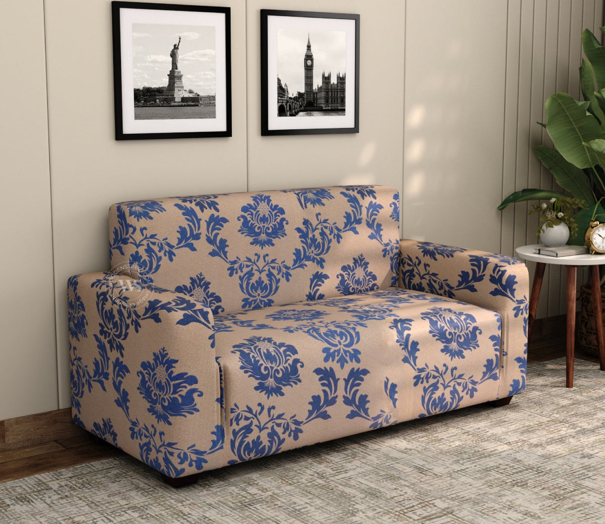 Grace Floral Printed Polyester Spandex 2 Seater Sofa Cover (Blue)