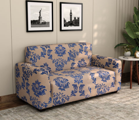 Grace Floral Printed Polyester Spandex 2 Seater Sofa Cover (Blue)