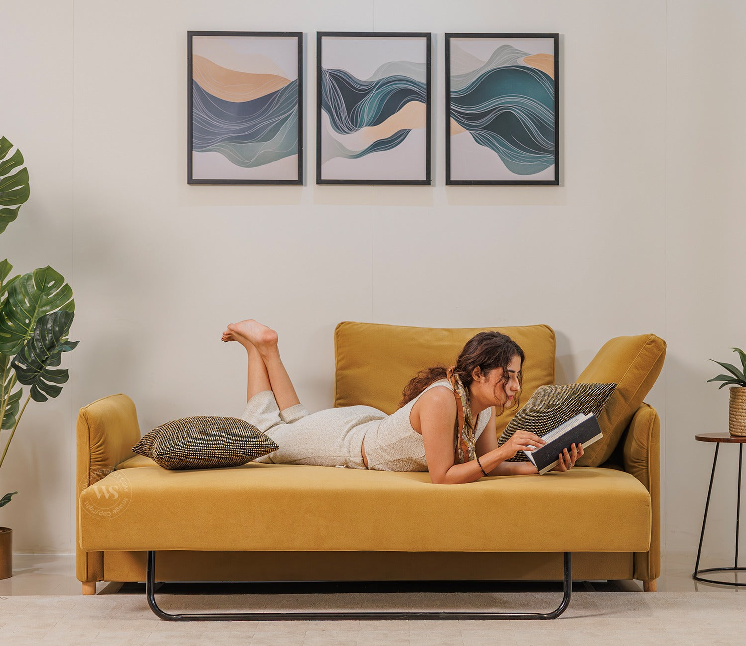 Saffra 3-Seater Sofa Cum Bed | Fold-Out Mechanism | Under-Seat Storage | Fabric Upholstery (Mustard)