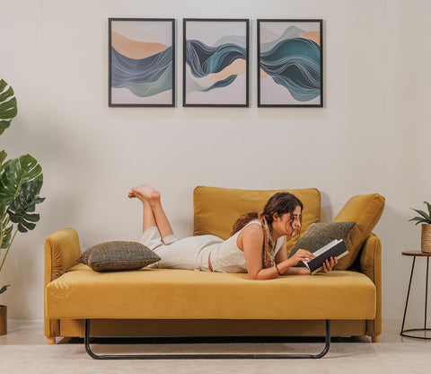 Saffra 3-Seater Sofa Cum Bed | Fold-Out Mechanism | Under-Seat Storage | Fabric Upholstery (Mustard)