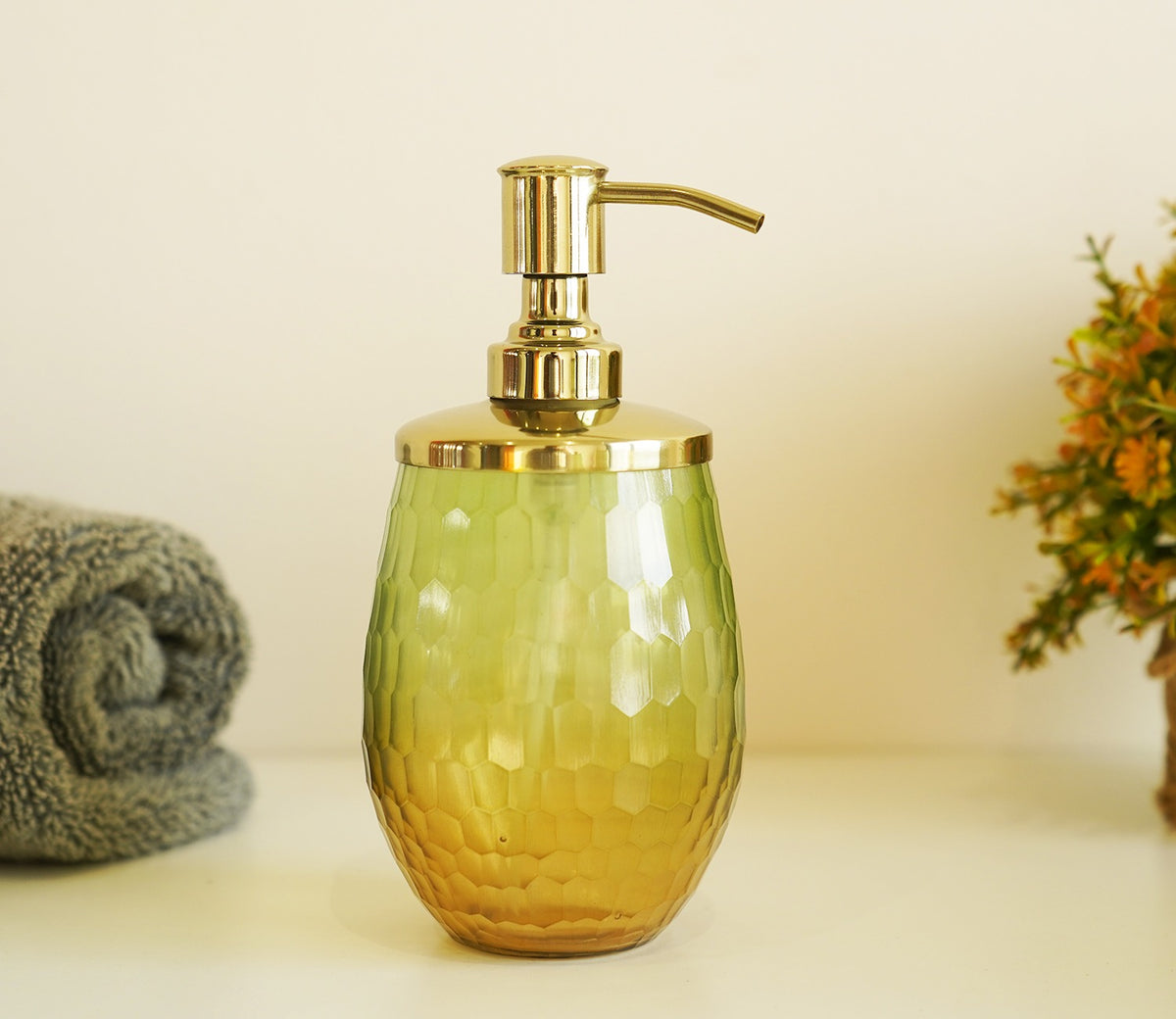 Sorrel Shady Green and Gold Glass Lotion Bottle