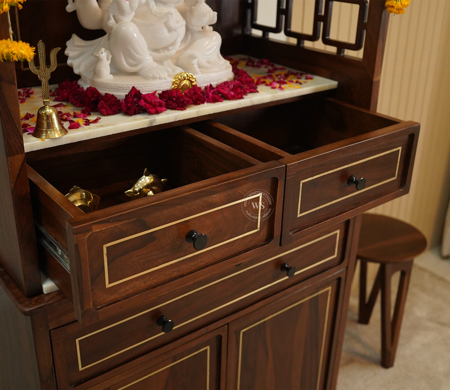 Daivik Sheesham Wood Home Temple with Brass Detailing (Teak Finish)