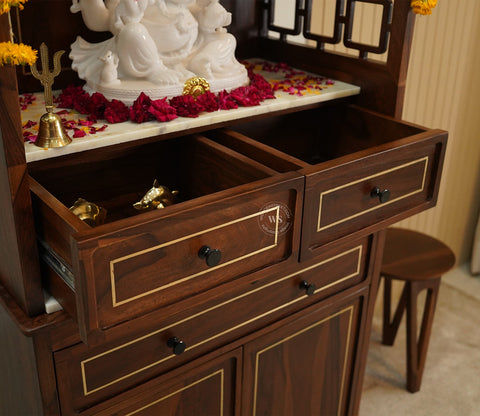 Daivik Sheesham Wood Home Temple with Brass Detailing (Teak Finish)