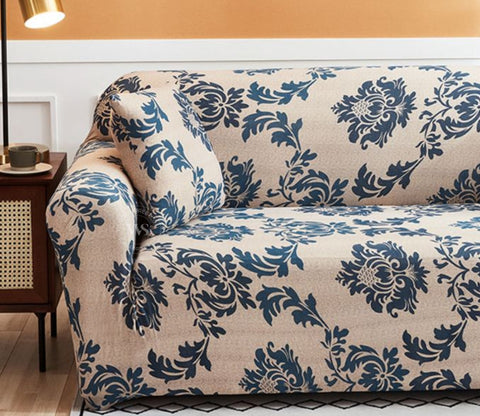 Grace Floral Printed Polyester Spandex 3 Seater Sofa Cover (Blue)