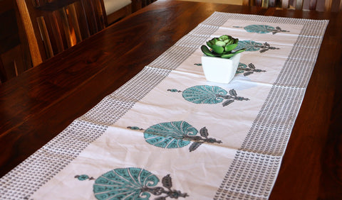 Garden Fresh Black and Green Hand Block Print Table Runner - 16 x 50