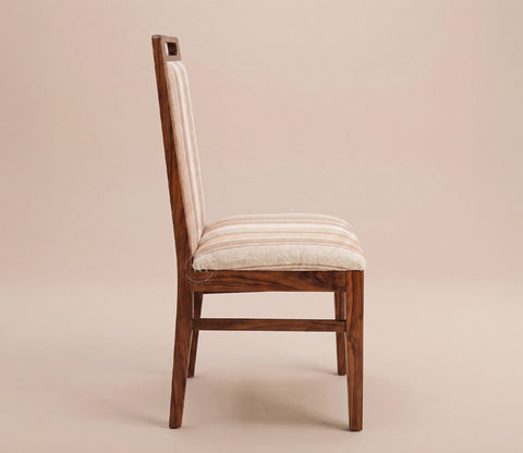 Hazel Premium Sheesham Wood Dining Chair with Luxurious Cotton Upholstery (Teak Finish, Cream Stripes)