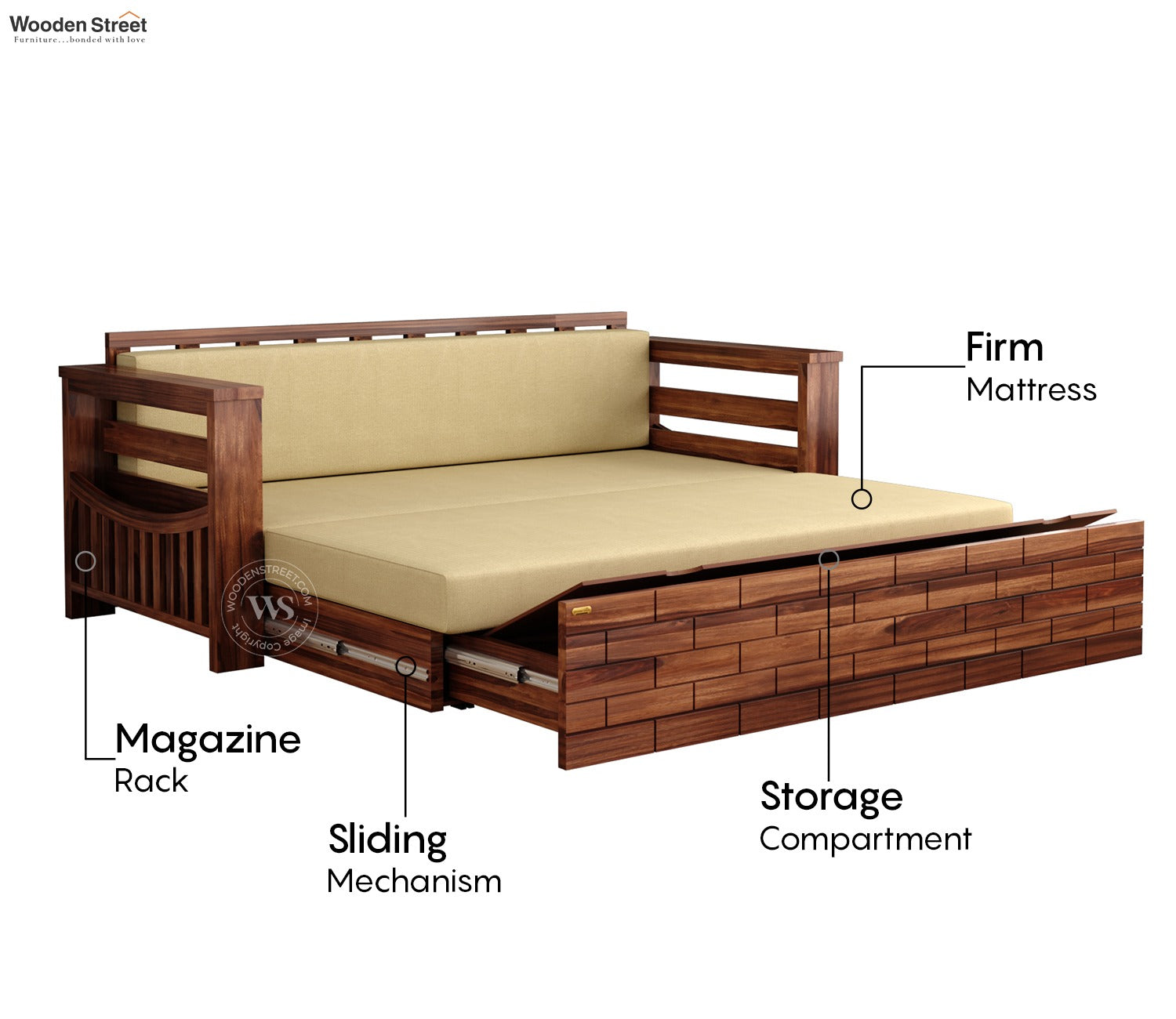 Sereta 3 Seater Sheesham Wood Sofa Cum Bed (King Size, Honey Finish)