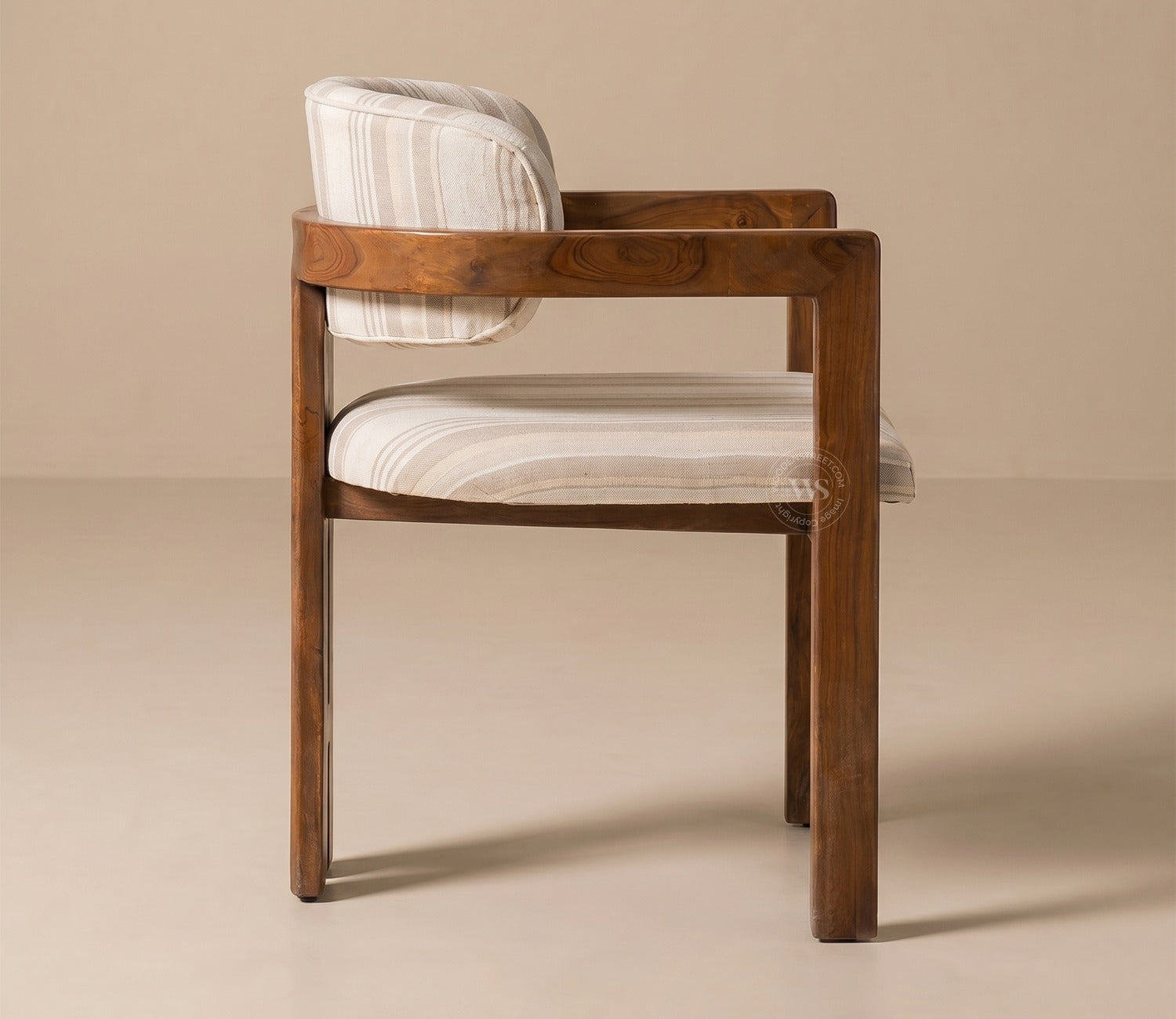 Kaaya Sheesham Wood Arm Chair With Premium Upholstery (Cream Stripes, Teak Finish)