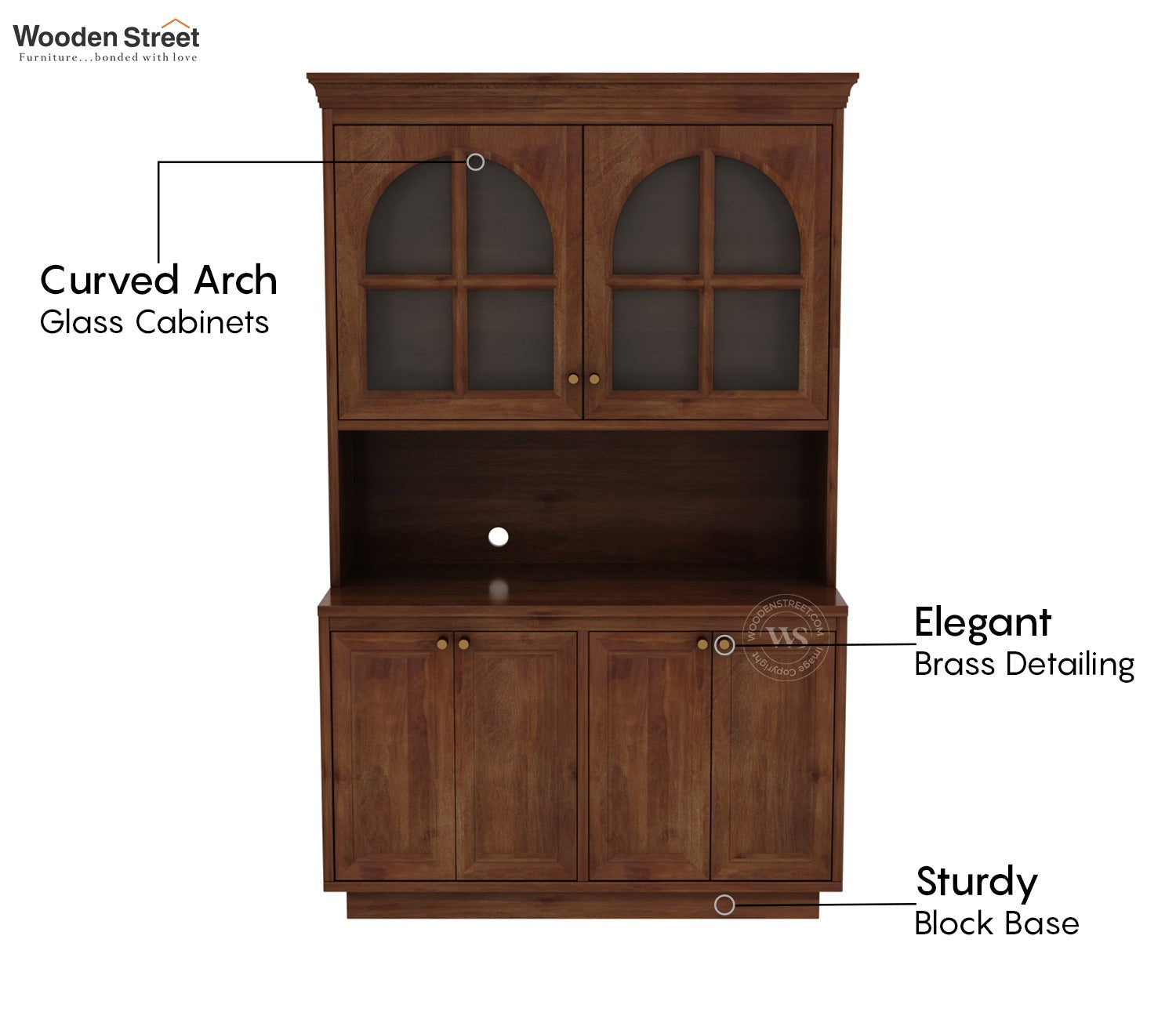 Nivrit Mango Wood Arch Glass Kitchen Cabinet (Teak Finish)