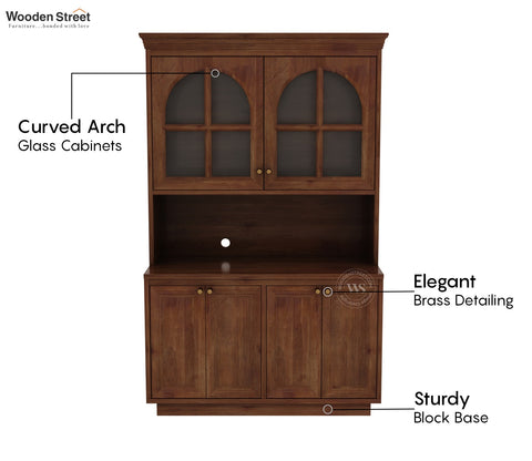 Nivrit Mango Wood Arch Glass Kitchen Cabinet (Teak Finish)