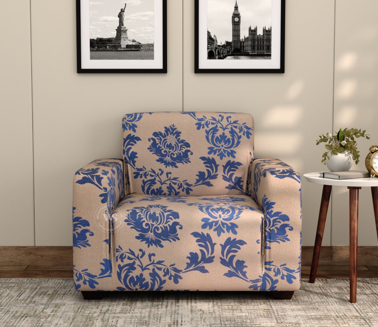 Grace Floral Printed Polyester Spandex 1 Seater Sofa Cover (Blue)