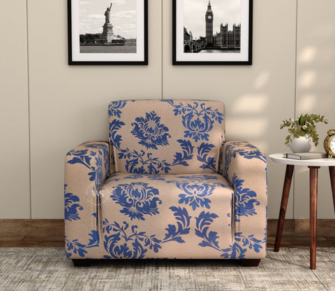 Grace Floral Printed Polyester Spandex 1 Seater Sofa Cover (Blue)