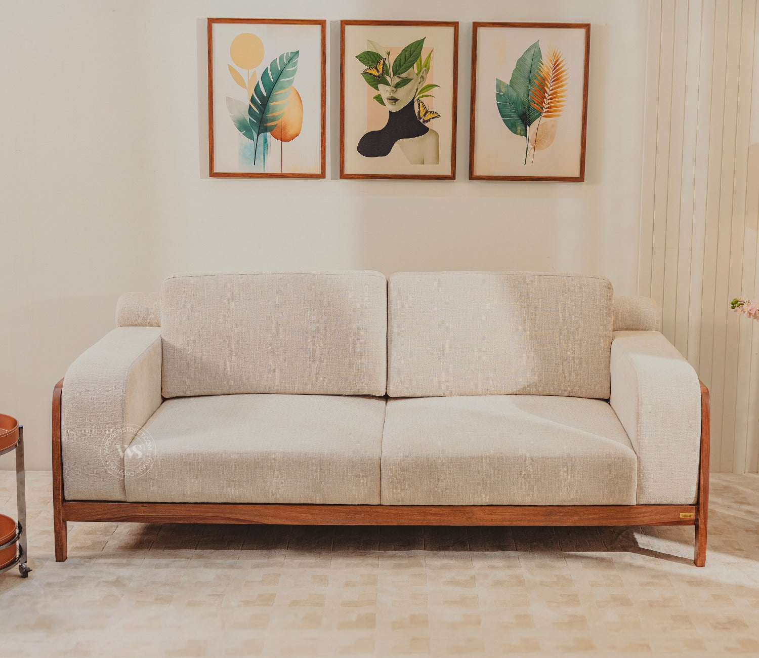 Maahir Contemporary Sofa with Wide Armrests and Wooden Accents (Cotton, Jade Ivory)
