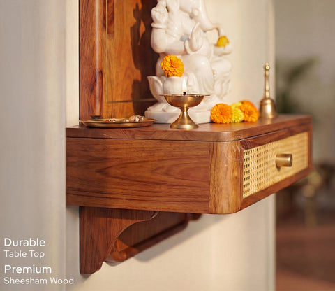 Shoonya Sheesham Wood Home Temple with Brass Detailing and Cane Accents (Teak Finish)