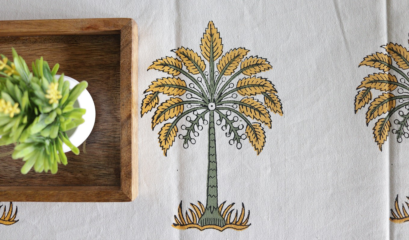 Vivid Garden Yellow and White Hand Block Print Table Runner - 16 x 50