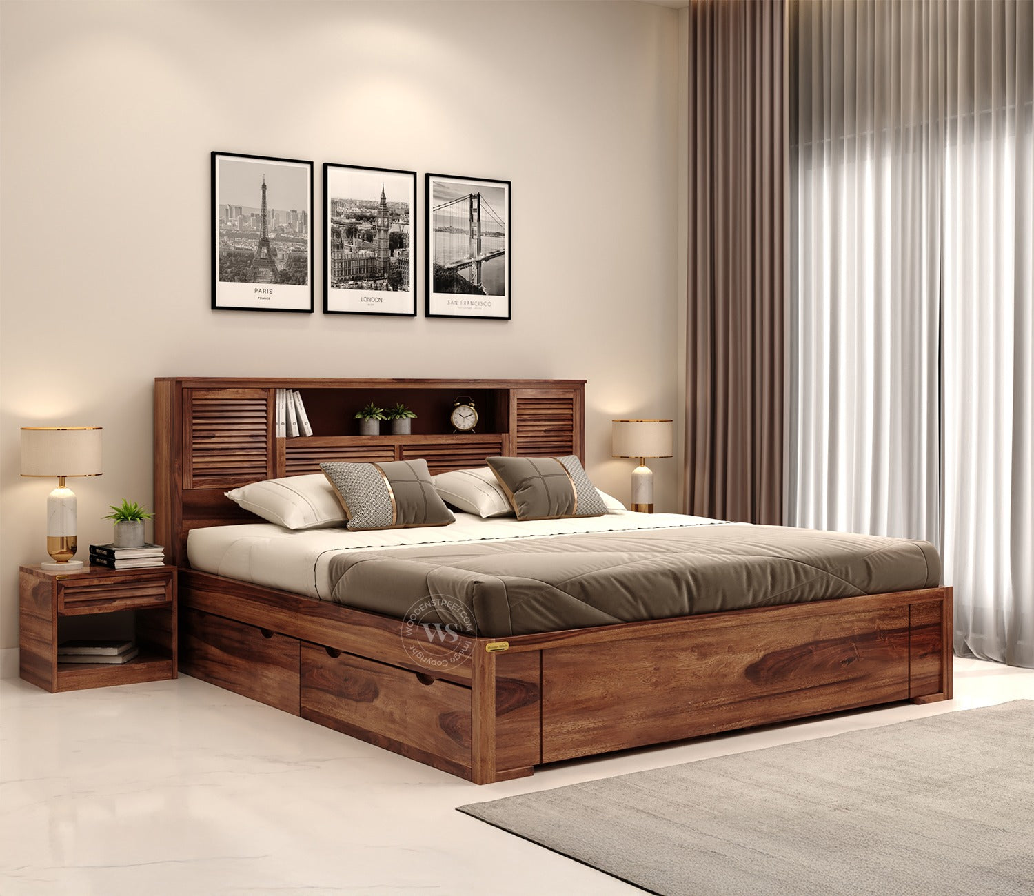Ferguson Bed with 4 Drawer Storage (Queen Size, Honey Finish)