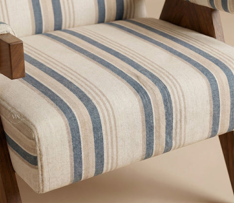 Troupe Sheesham Wood Chandigarh Chair with Premium Upholstery (Blue Stripes, Teak Finish)