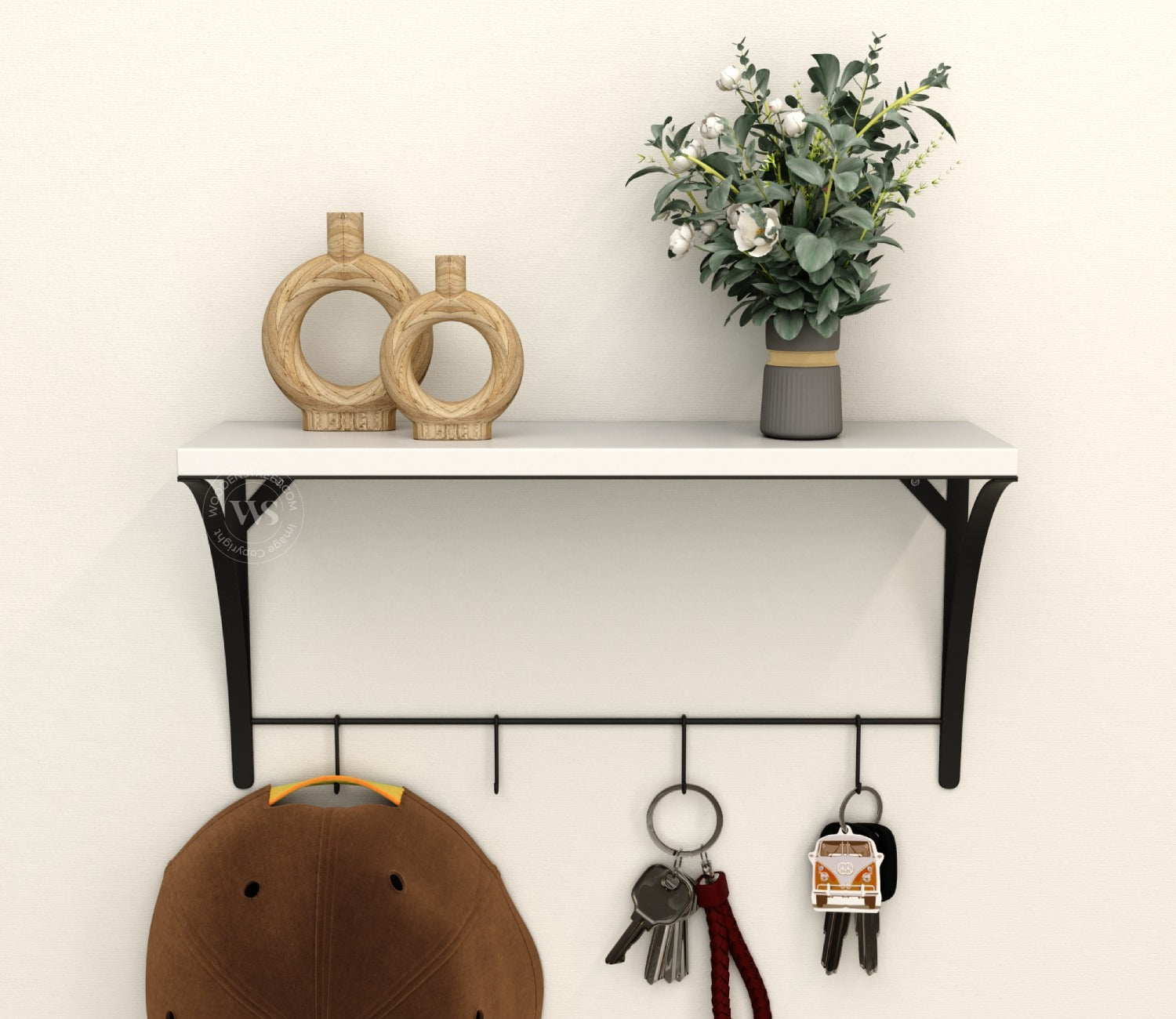 Hedwig Wooden Wall Mounted Shelf With 4 Hanging Metal Hooks, Multipurpose Wall Shelf For Living Room/Bedroom (Frosty White)