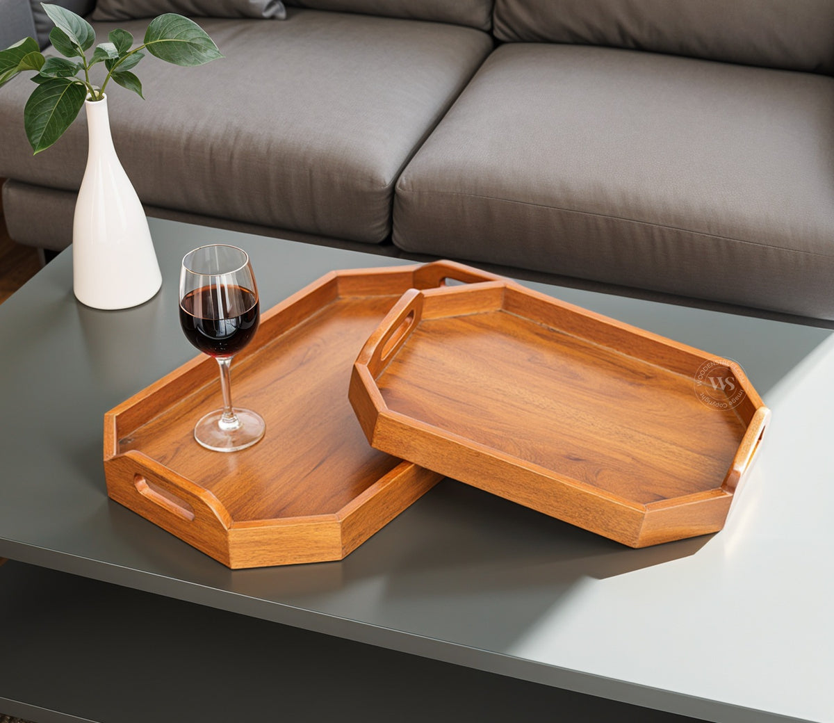 Cosmos Mango Wood Handcrafted Octagonal Serving Tray - (Set of 2)