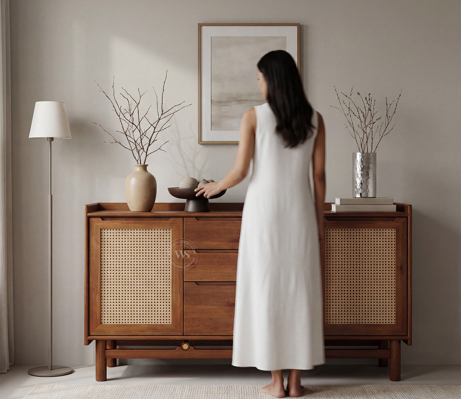 Ishana Mango Wood Designer Cabinet with Cane Detailing (Teak Finish)