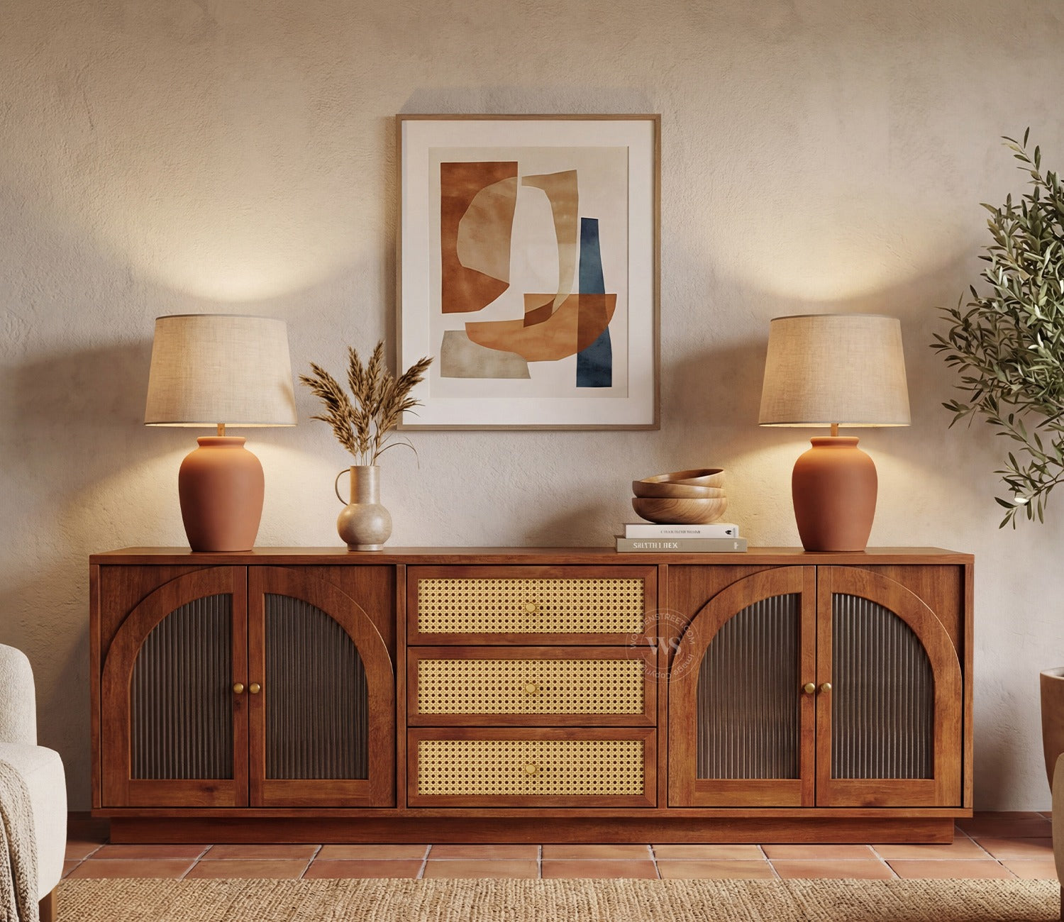 Windsor Premium Mango Wood TV Unit with Fluted Glass Panel Door Cabinets, Cane Detailing (Teak Finish)