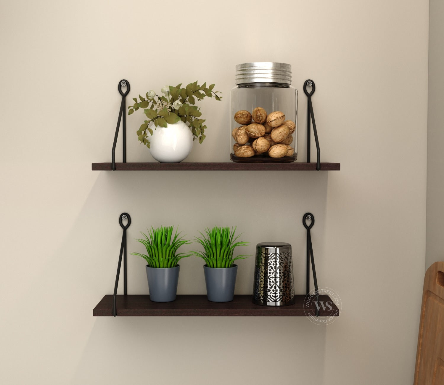 Luna Hanging Wall Shelf, Metallic Black & White Combination Wall Mounted Shelves for Living Room/Bedroom - Set of 2 (Flowery Wenge)