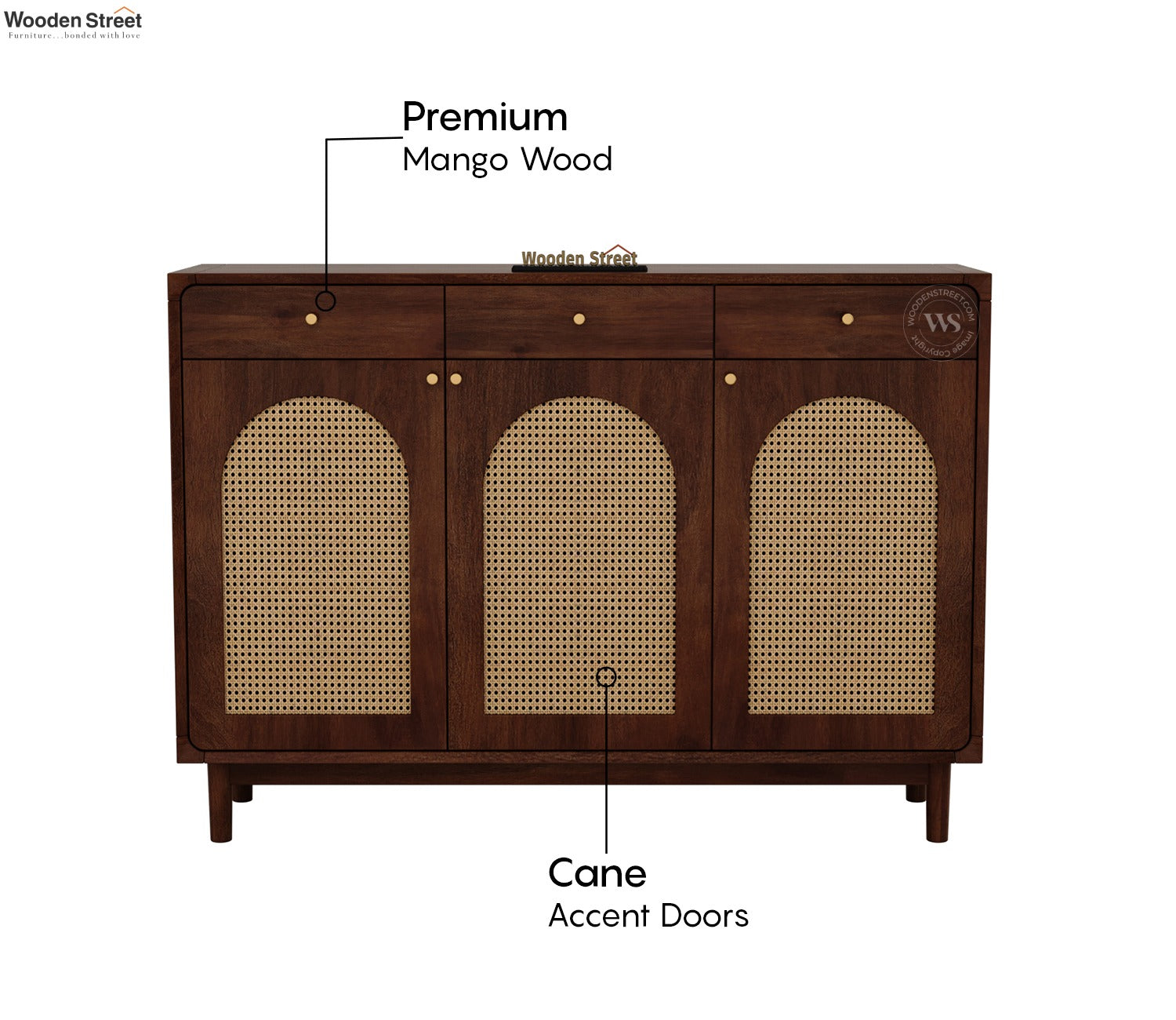 Mazie Premium Solid Wood Shoe Rack With Storage & Cane Detailing (Mango Wood, Teak Finish)