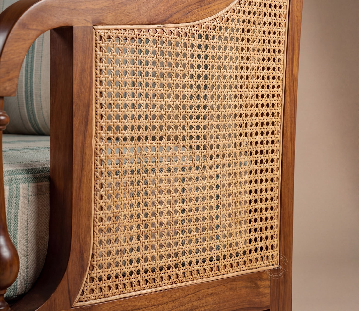 Eterna Sheesham Wood Lounge Chair With Premium Upholstery & Cane Detailing (Teak Finish)
