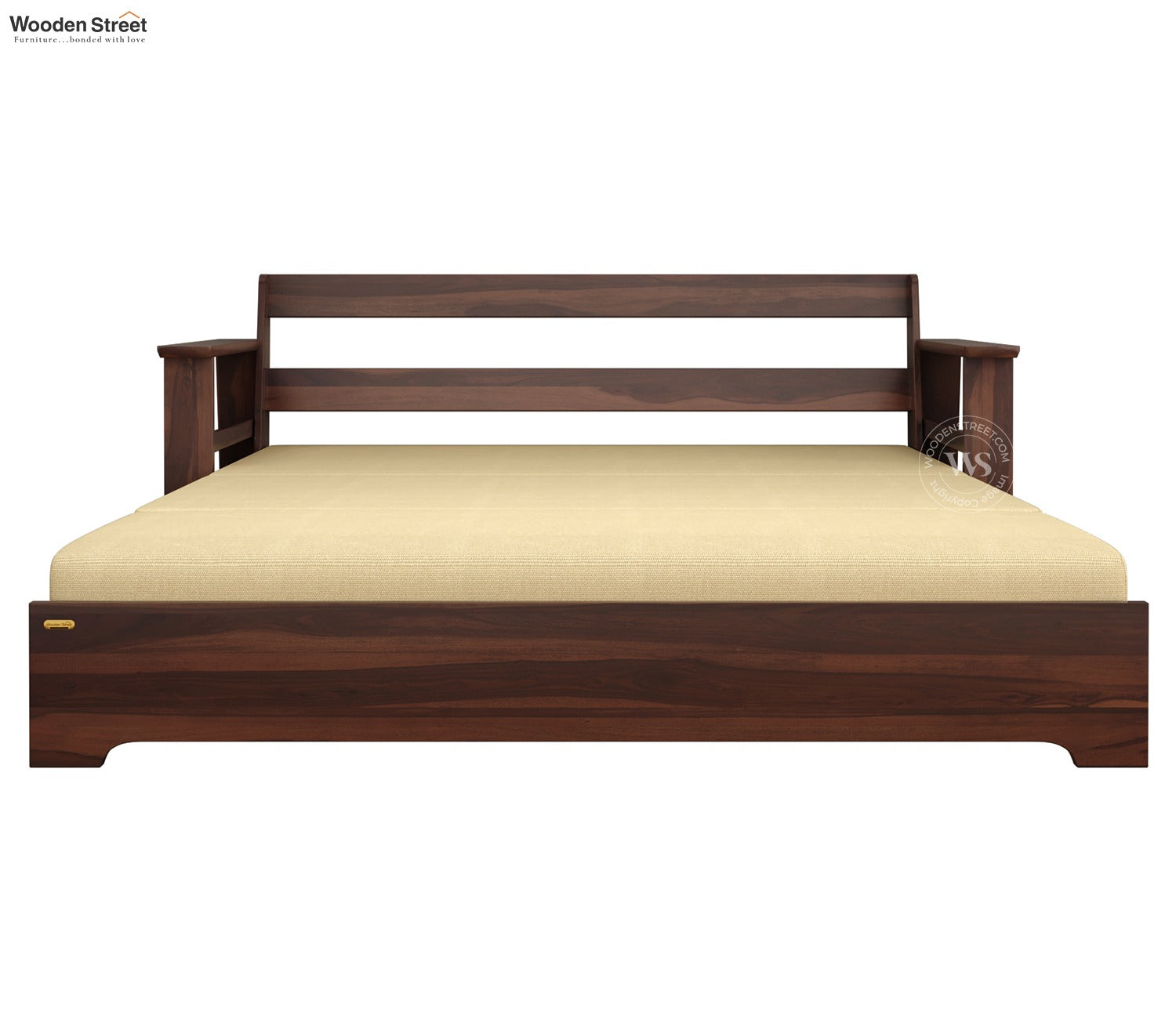 Della Sheesham Wood Sofa Cum Bed With Armrests (Walnut Irish Cream)