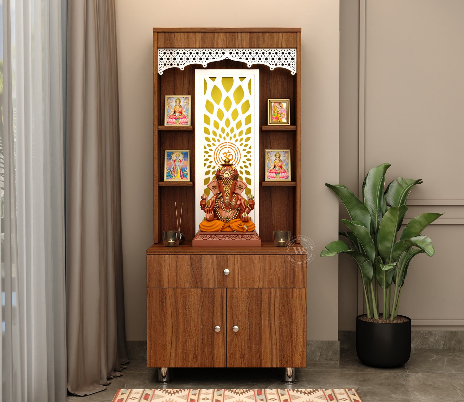 Vidyut Engineered Wood Home Temple With Inbuilt LED Light System (Exotic Teak)