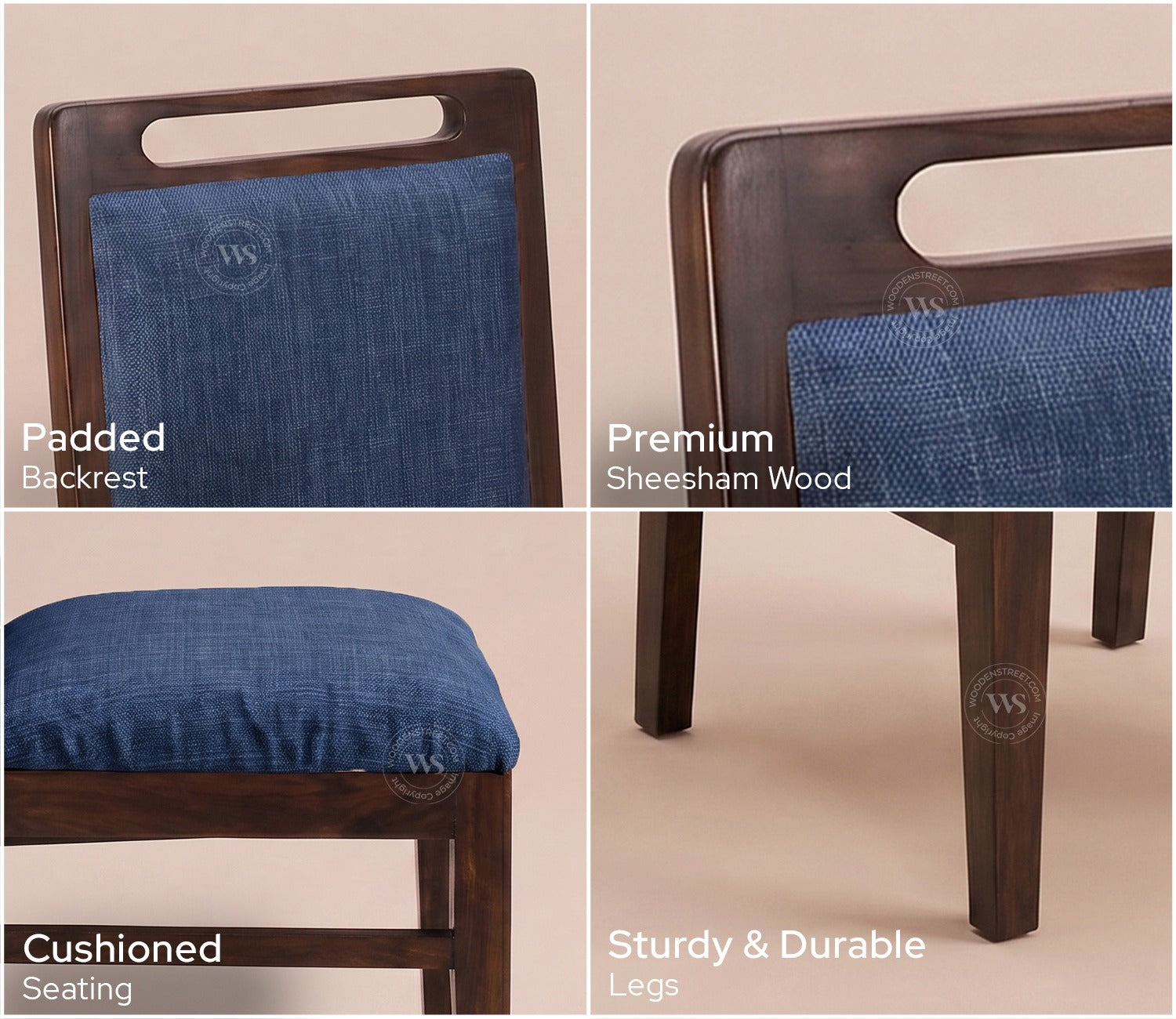 Hazel Sheesham Wood Premium Cotton Cushioned Dining Chair - Set of 2 (Cotton, Walnut Iris Blue)
