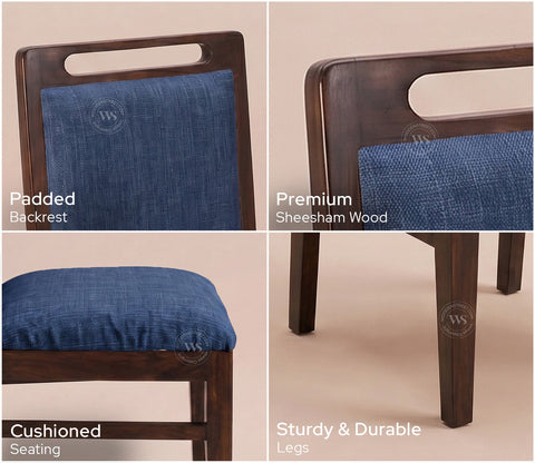 Hazel Sheesham Wood Premium Cotton Cushioned Dining Chair - Set of 2 (Cotton, Walnut Iris Blue)