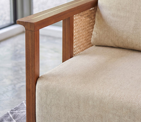 Varnik 3 Seater Ash Wood Sofa with Cane Accents (Teak Finish, Cottage Ivory)