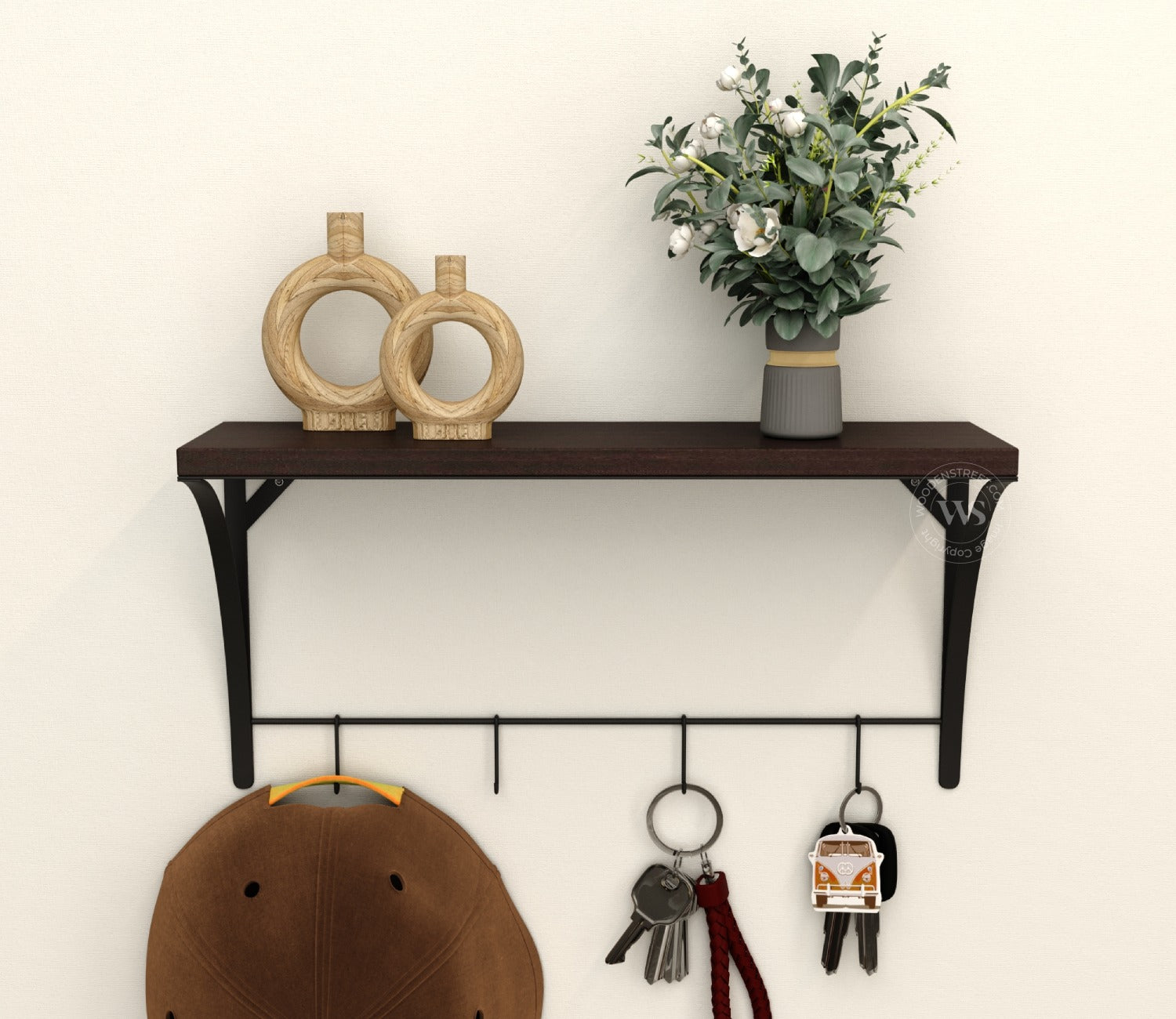 Hedwig Wooden Wall Mounted Shelf With 4 Hanging Metal Hooks, Multipurpose Wall Shelf For Living Room/Bedroom (Flowery Wenge)