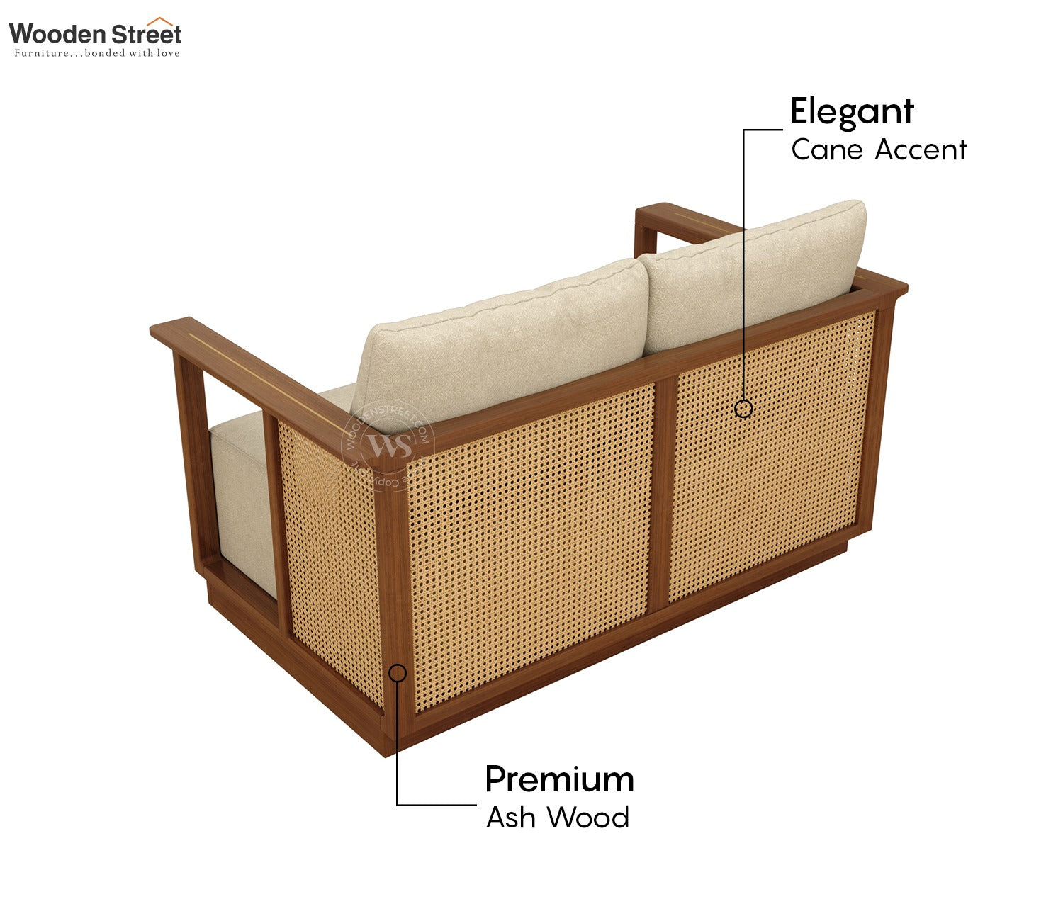 Varnik 2 Seater Ash Wood Sofa with Cane Accents (Teak Finish, Cottage Ivory)