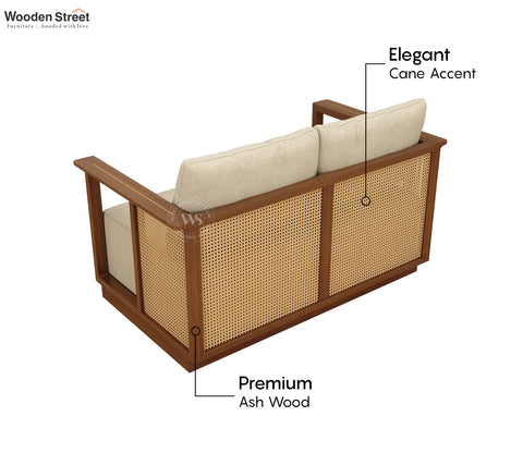 Varnik 2 Seater Ash Wood Sofa with Cane Accents (Teak Finish, Cottage Ivory)